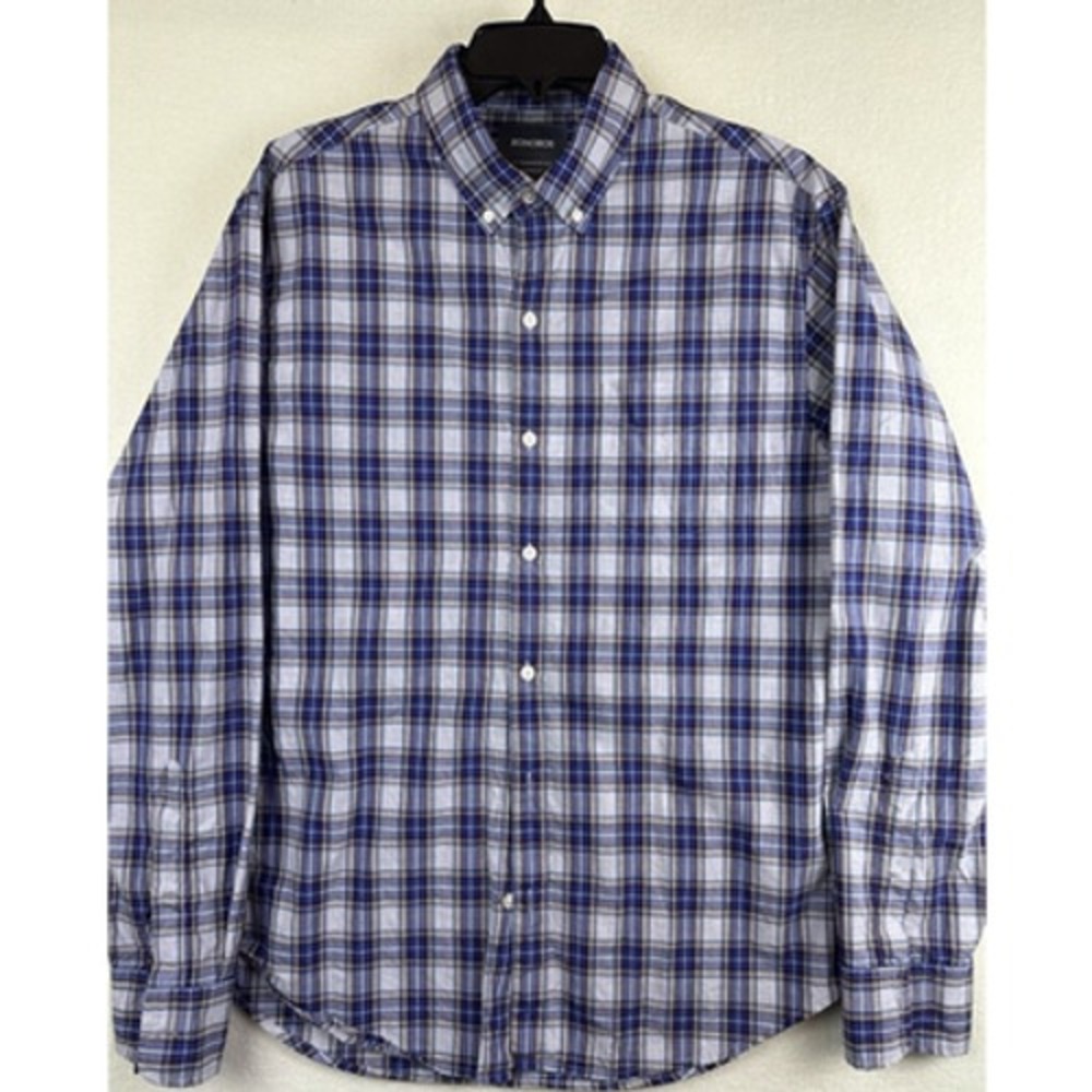 Bonobos Mens Large Standard Fit Button Down Shirt Blue Plaid Long Sleeve Cotton